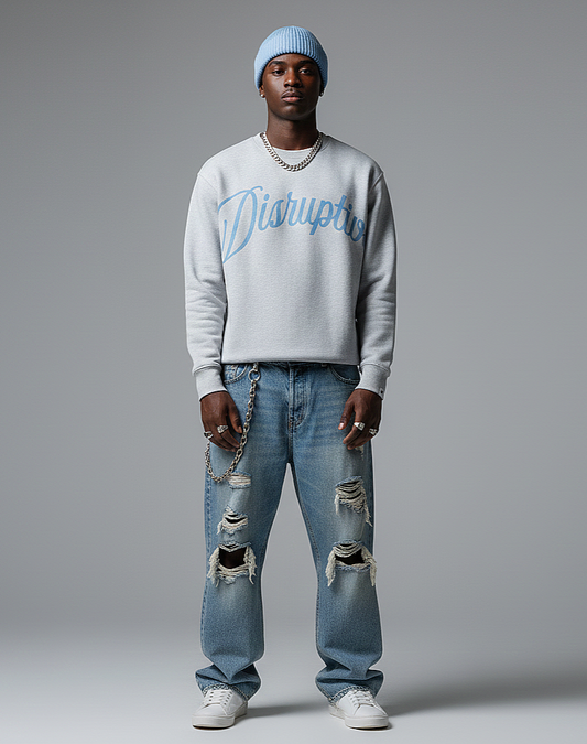Disruptive "Arched Oversize Signature" Crewneck–Heather Gray("Light Wash Denim" Blue Edition