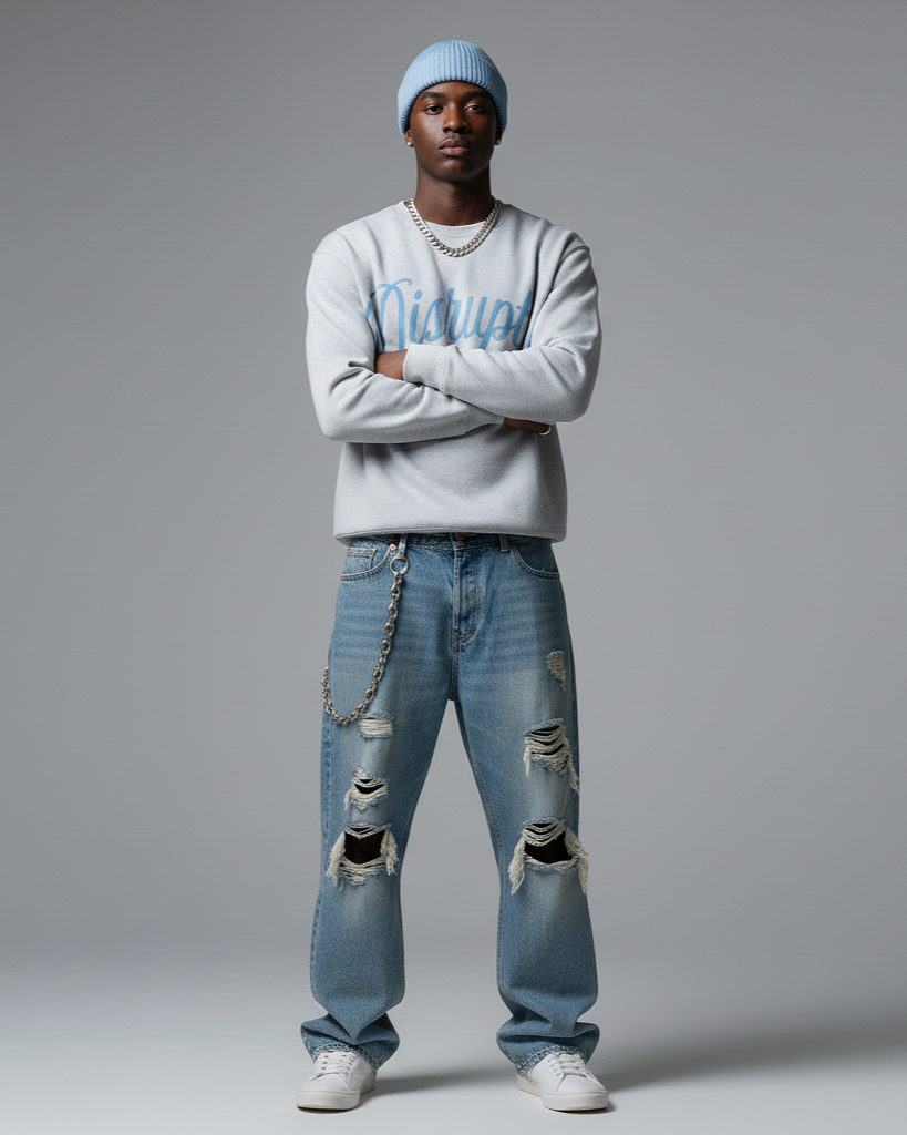 Disruptive "Arched Oversize Signature" Crewneck–Heather Gray("Light Wash Denim" Blue Edition