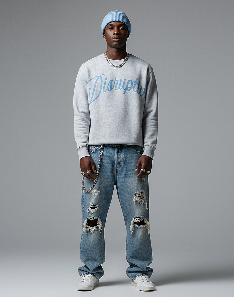 Disruptive "Arched Oversize Signature" Crewneck–Heather Gray("Light Wash Denim" Blue Edition
