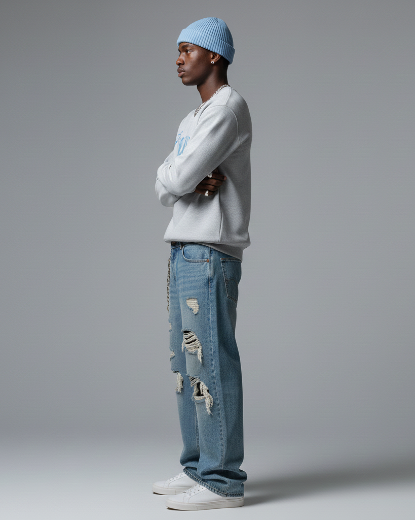 Disruptive "Arched Oversize Signature" Crewneck–Heather Gray("Light Wash Denim" Blue Edition