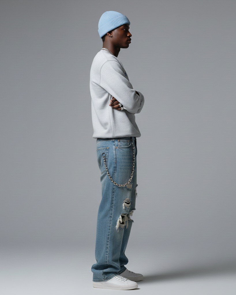 Disruptive "Arched Oversize Signature" Crewneck–Heather Gray("Light Wash Denim" Blue Edition